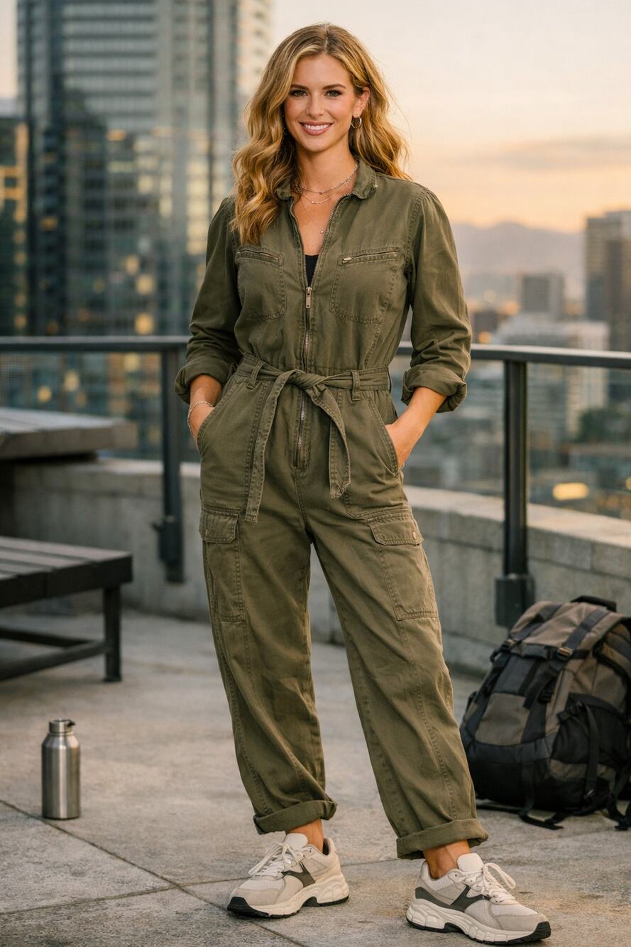 Old Navy Jumpsuit Womens Medium Green Utility Boiler Suit Belt Twill Long Sleeve
